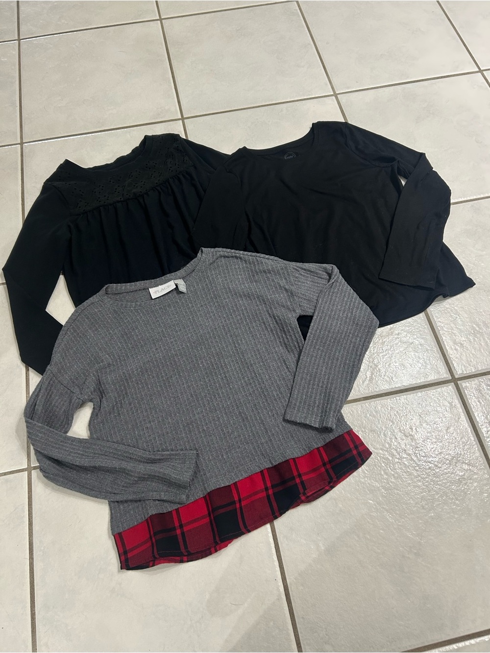 Cat & Jack Gray Long Sleeve Top w Red Plaid Hem and Two Black Long Sleeve Tops